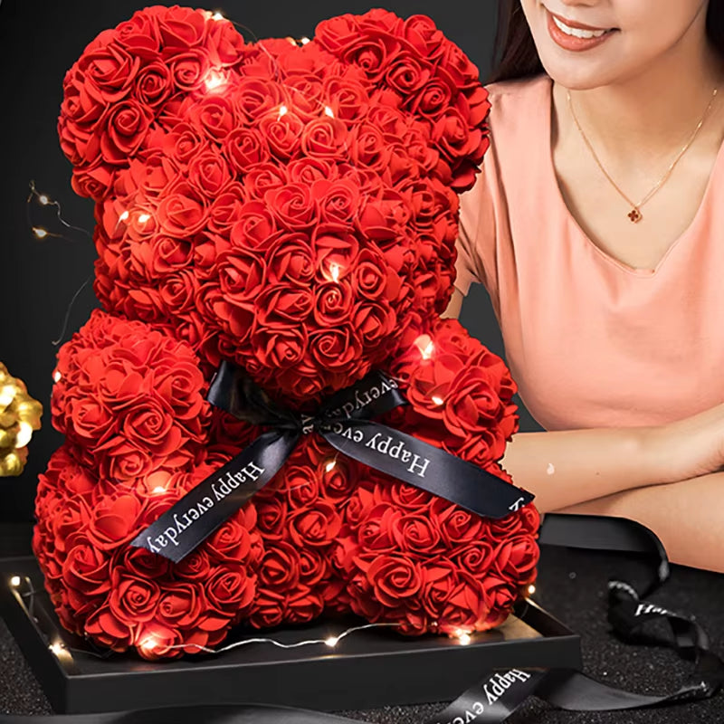  Valentine'S Day Gifts 23Cm Led Red Rose Teddy Bear Rose Flower Artificial Decoration Birthday Gifts Valentines Gifts