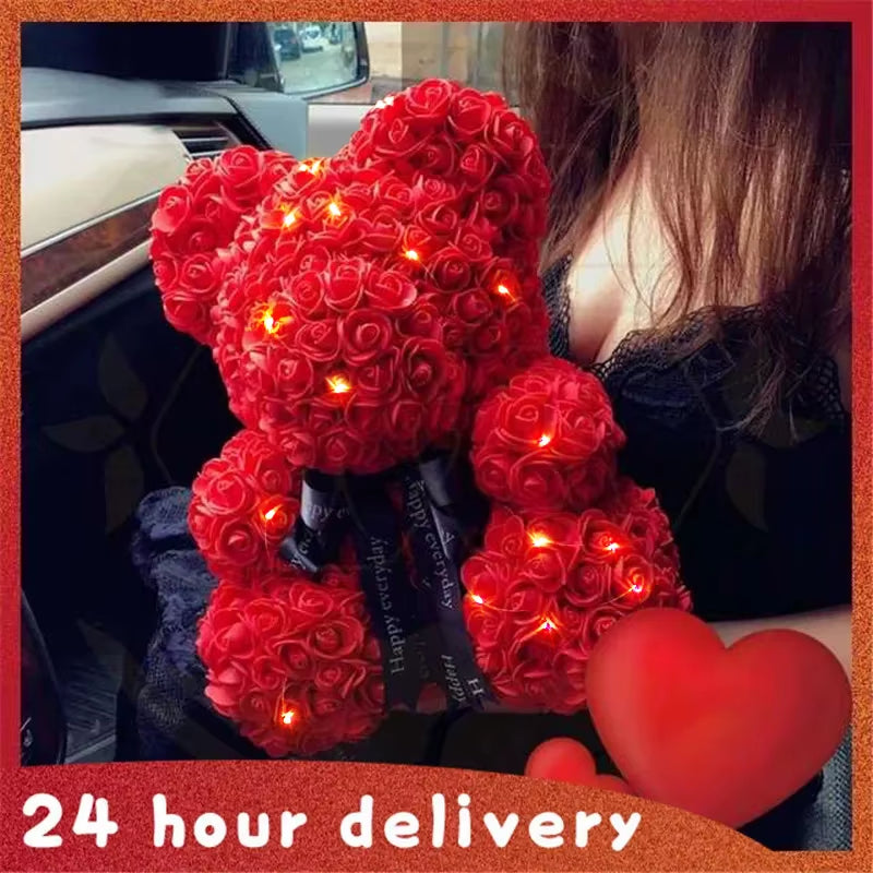  Valentine'S Day Gifts 23Cm Led Red Rose Teddy Bear Rose Flower Artificial Decoration Birthday Gifts Valentines Gifts